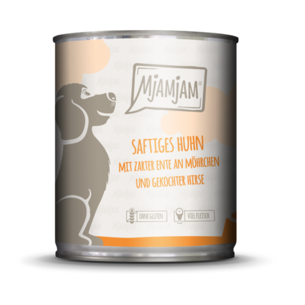 Hunde - Nassfutter MjAMjAM Adult Saftiges Huhn mit zarter Ente an Möhrchen und gekochter Hirse, 800 g