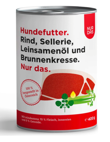 Hunde - Nassfutter NUR DAS Rind mit Sellerie, Leinsamenöl und Brunnenkresse