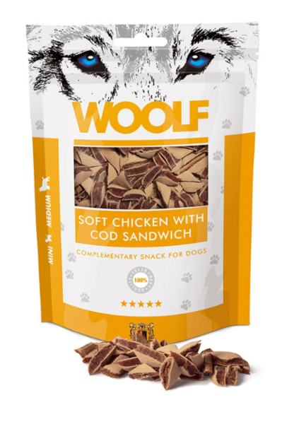 Hunde - Snack WOOLF Weiches Hühnchen -  Dorsch Sandwich, 100 g