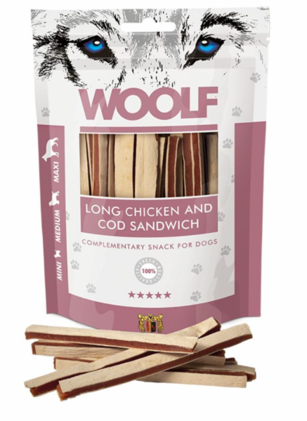 Hunde - Snack WOOLF Langes Huhn - Kabeljau Sandwich, 100 g