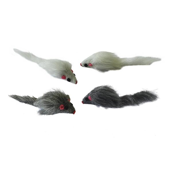 NOBBY Plüschmaus Langhaar mit Rassel, 4er Pack, grau & weiß
