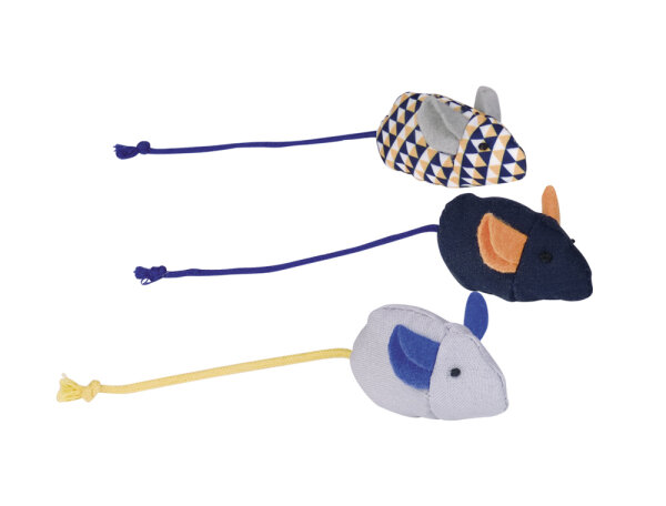 NOBBY Stoffmäuse mit Catnip (3er Pack), schwarz, grau und gemustert, 6 cm