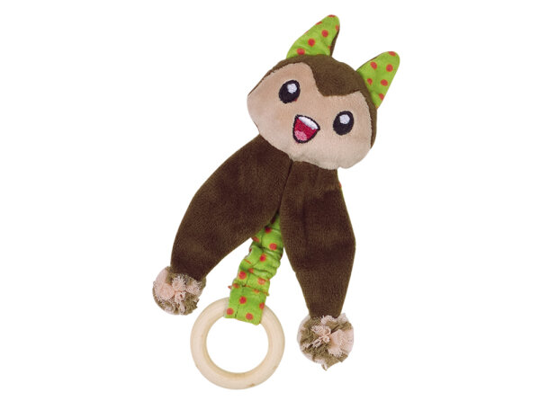NOBBY Plüsch Katze mit Holzring und Catnip, grün/braun, 17 cm